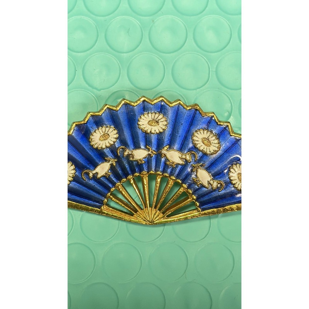 Vintage Enamel Fan Brooch Pin Blue White Floral Gold Tone Made in Italy